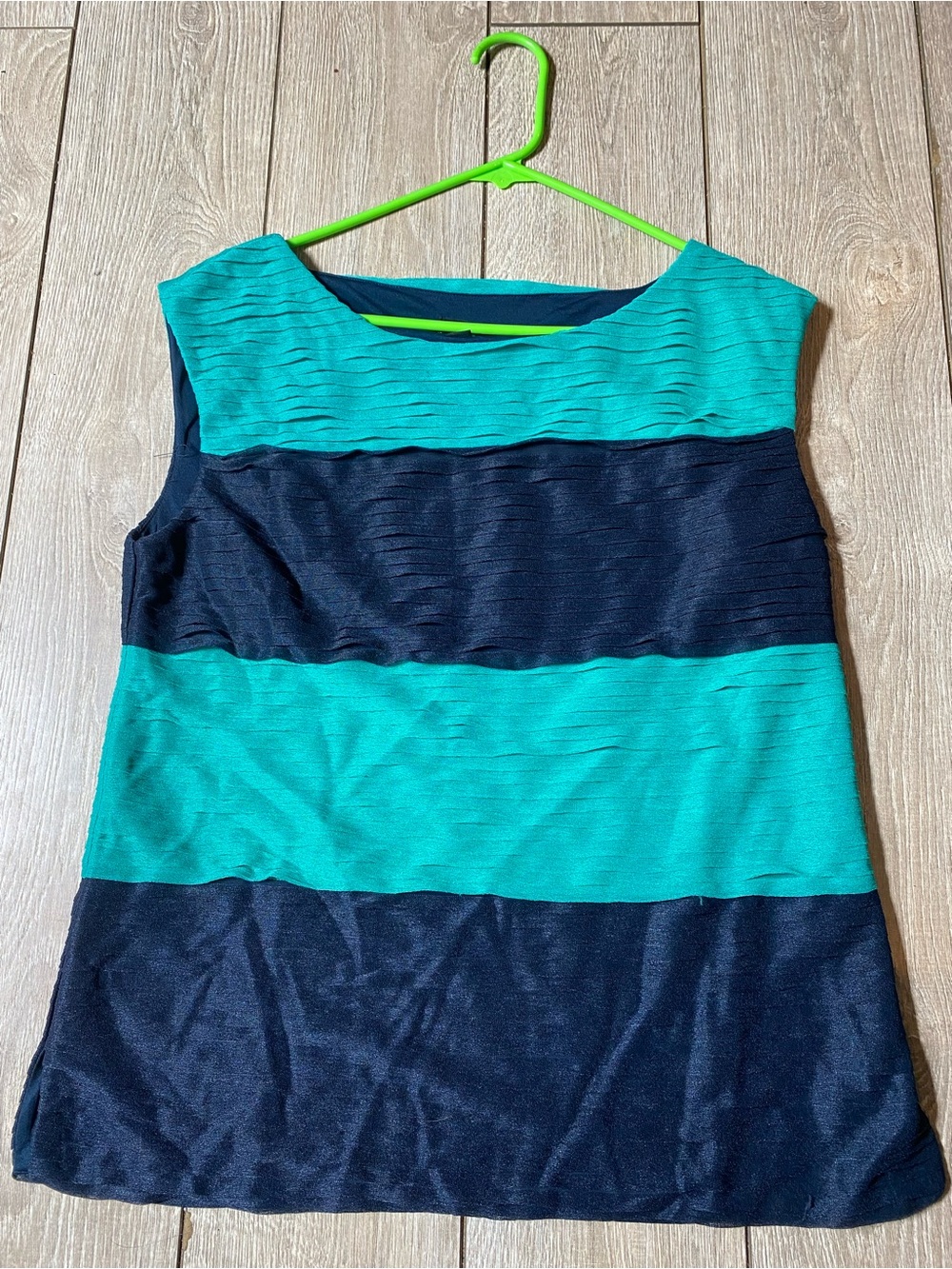 Ann Taylor Teal & Navy Textured Horizontal Colorblock Striped Sleeveless Blouse